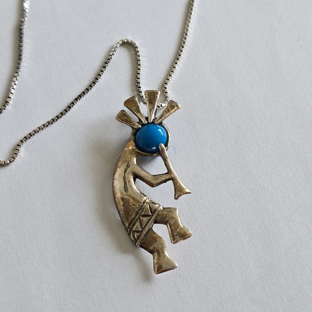 Sterling Silver Kokopelli Pendant Necklace with Blue Stone
